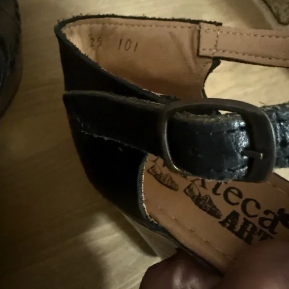 Black Leather Huarache Heeled Sandals - Picture 5 of 5